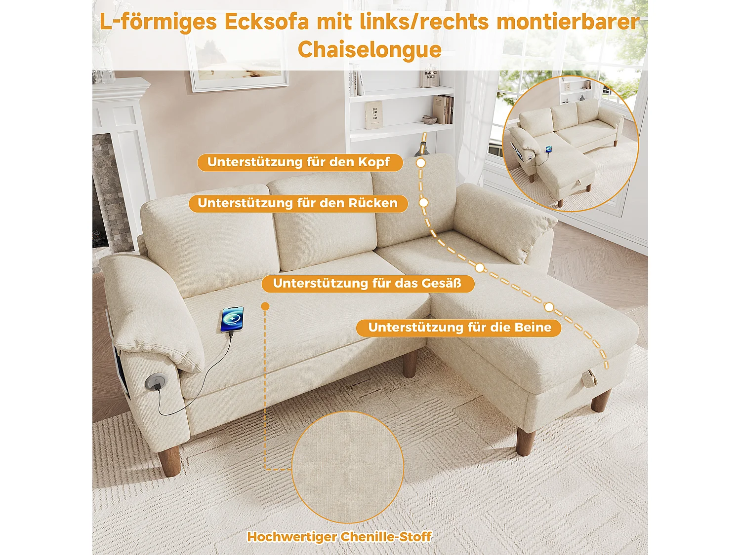 3-osobowa, odwracalna sofa narożna z miejscem do przechowywania i portem USB/Type-C - Chenille - 181 x 125 x 88 cm - Beżowa
