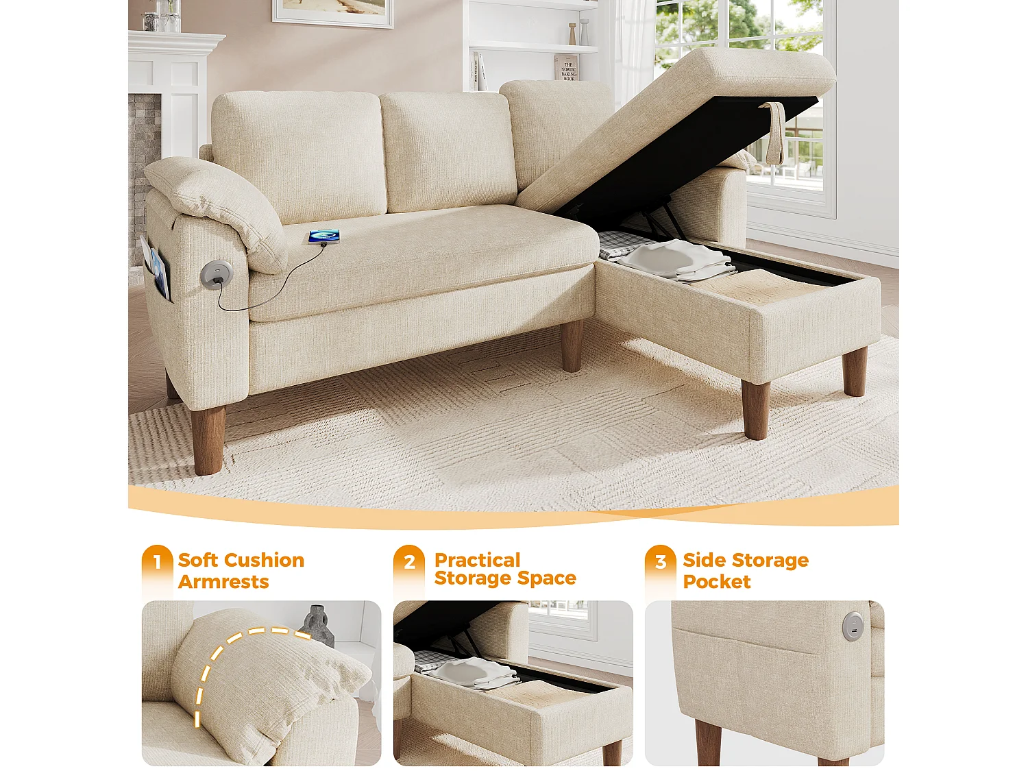 3-osobowa, odwracalna sofa narożna z miejscem do przechowywania i portem USB/Type-C - Chenille - 181 x 125 x 88 cm - Beżowa