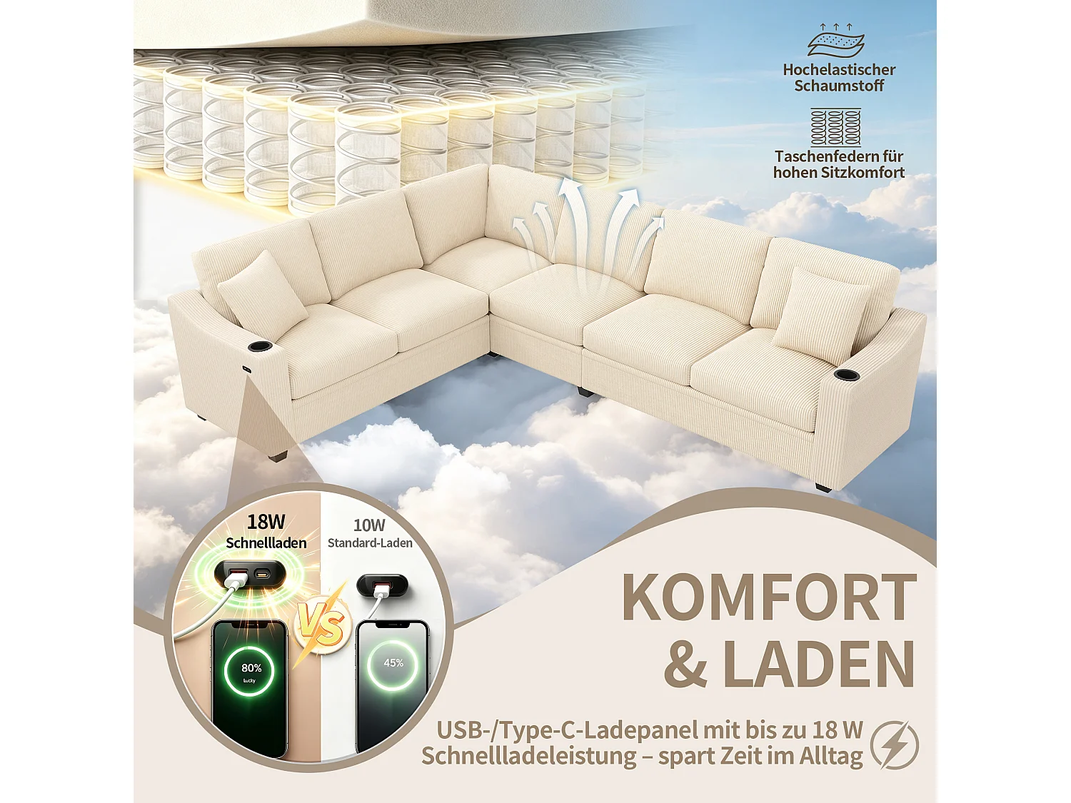 Narożnik modułowy 6-osobowy z uchwytami na kubki, USB/Typ C - Kord - 277 x 215 x 85 cm - Beżowy