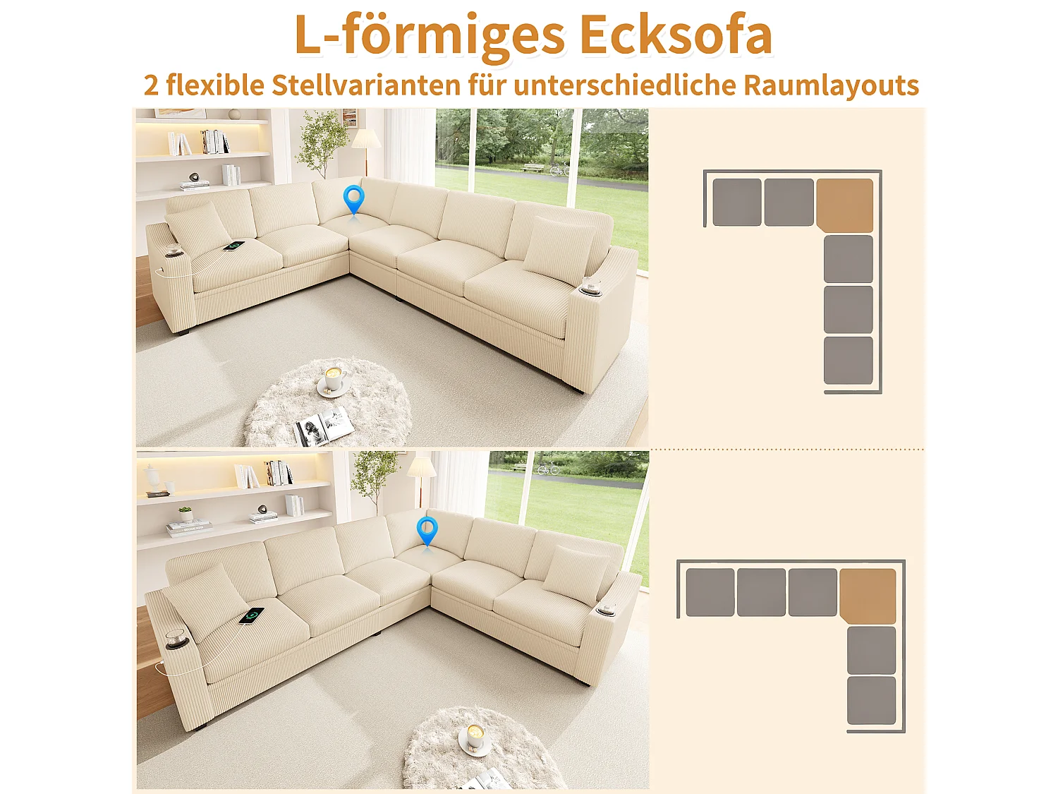 Narożnik modułowy 6-osobowy z uchwytami na kubki, USB/Typ C - Kord - 277 x 215 x 85 cm - Beżowy