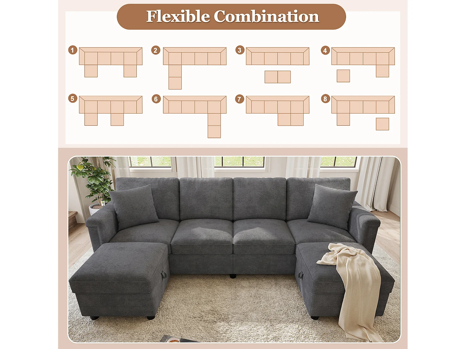 Canapé modulable 6 places en U ou L avec 2 poufs coffres et USB/Type-C - Chenille - 261 x 134 x 82 cm - Gris