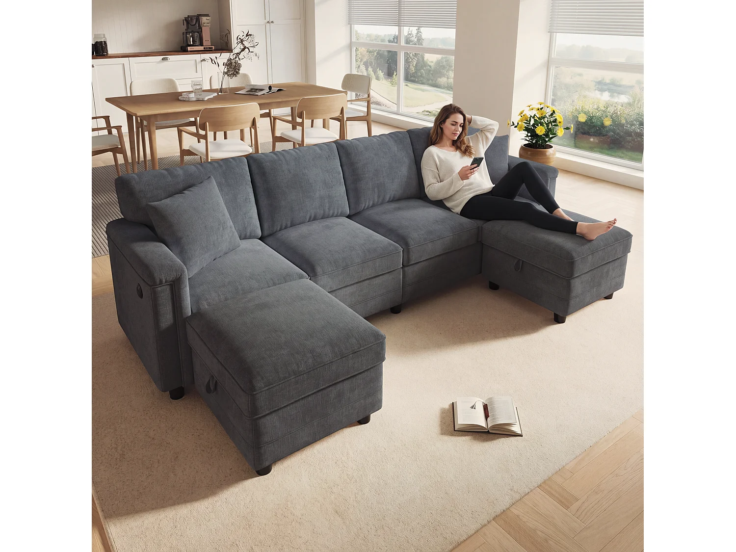 Canapé modulable 6 places en U ou L avec 2 poufs coffres et USB/Type-C - Chenille - 261 x 134 x 82 cm - Gris