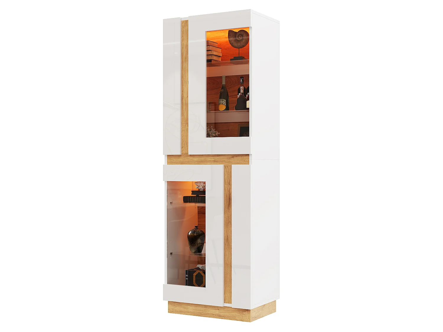 Vitrine avec LED, 2 portes vitrées et étagères en verre - Panneaux de particules - 60 x 40 x 180 cm - Blanc et naturel