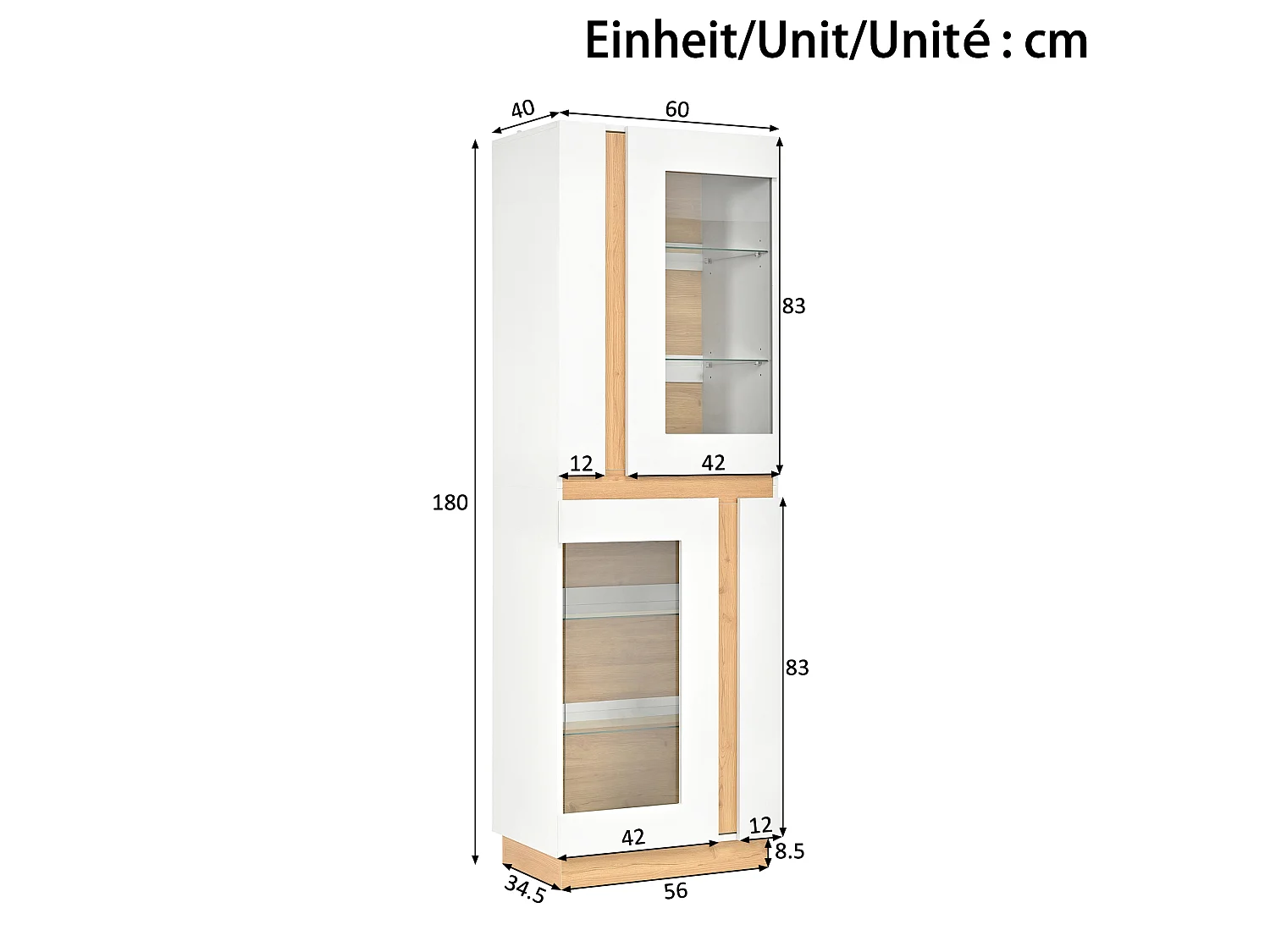 Vitrine avec LED, 2 portes vitrées et étagères en verre - Panneaux de particules - 60 x 40 x 180 cm - Blanc et naturel