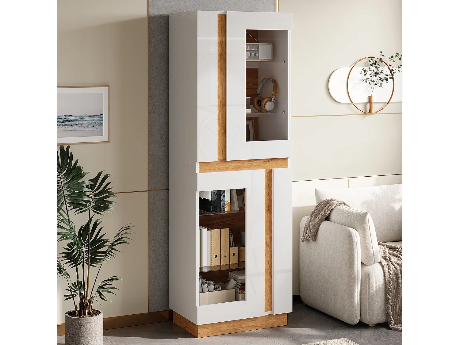 Vitrine avec LED, 2 portes vitrées et étagères en verre - Panneaux de particules - 60 x 40 x 180 cm - Blanc et naturel