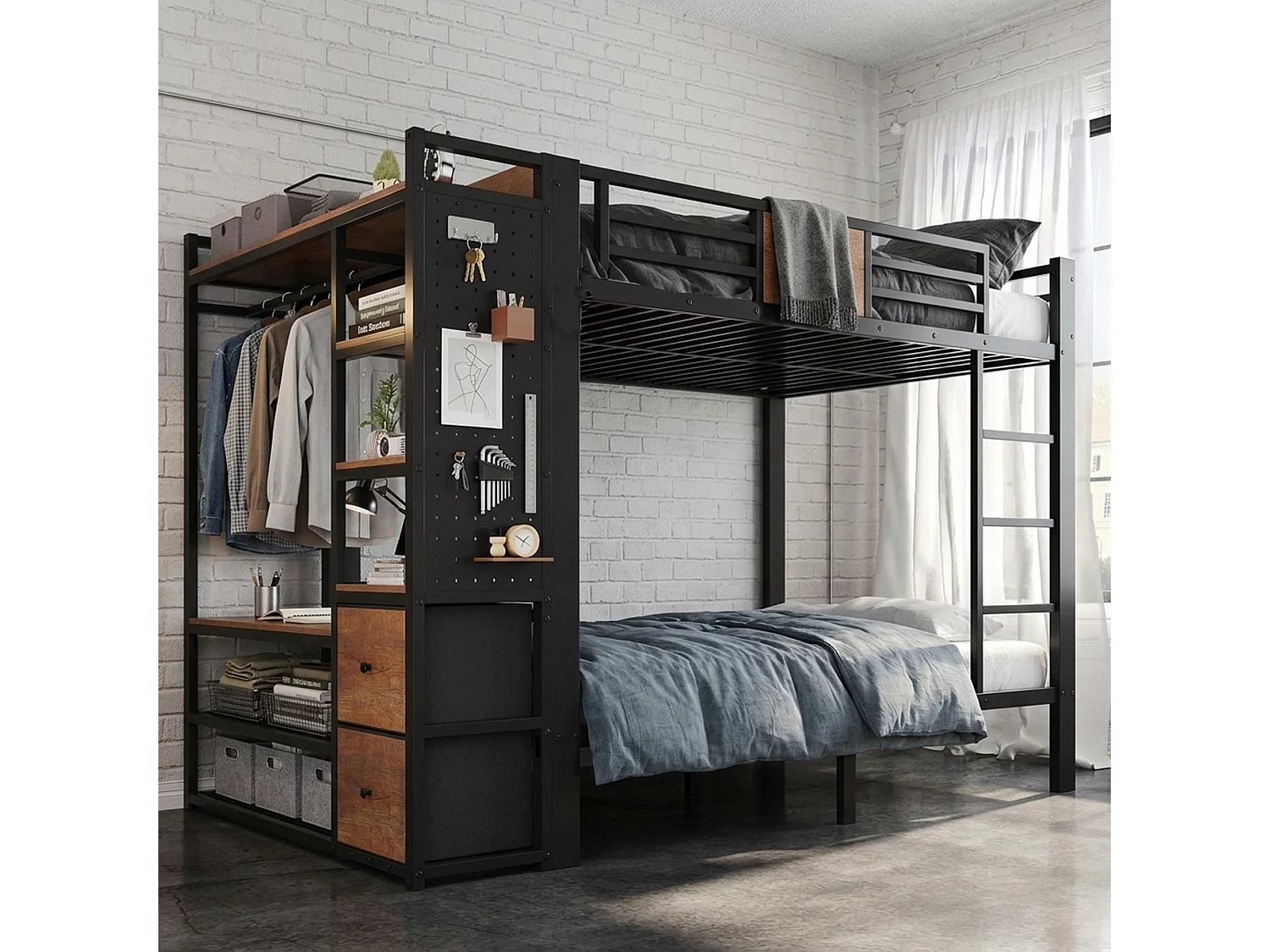 Bunk bed 2 x 120 x 200 cm with wardrobe, pegboard and fabric drawers - Black metal with wood effect (mattress not included)