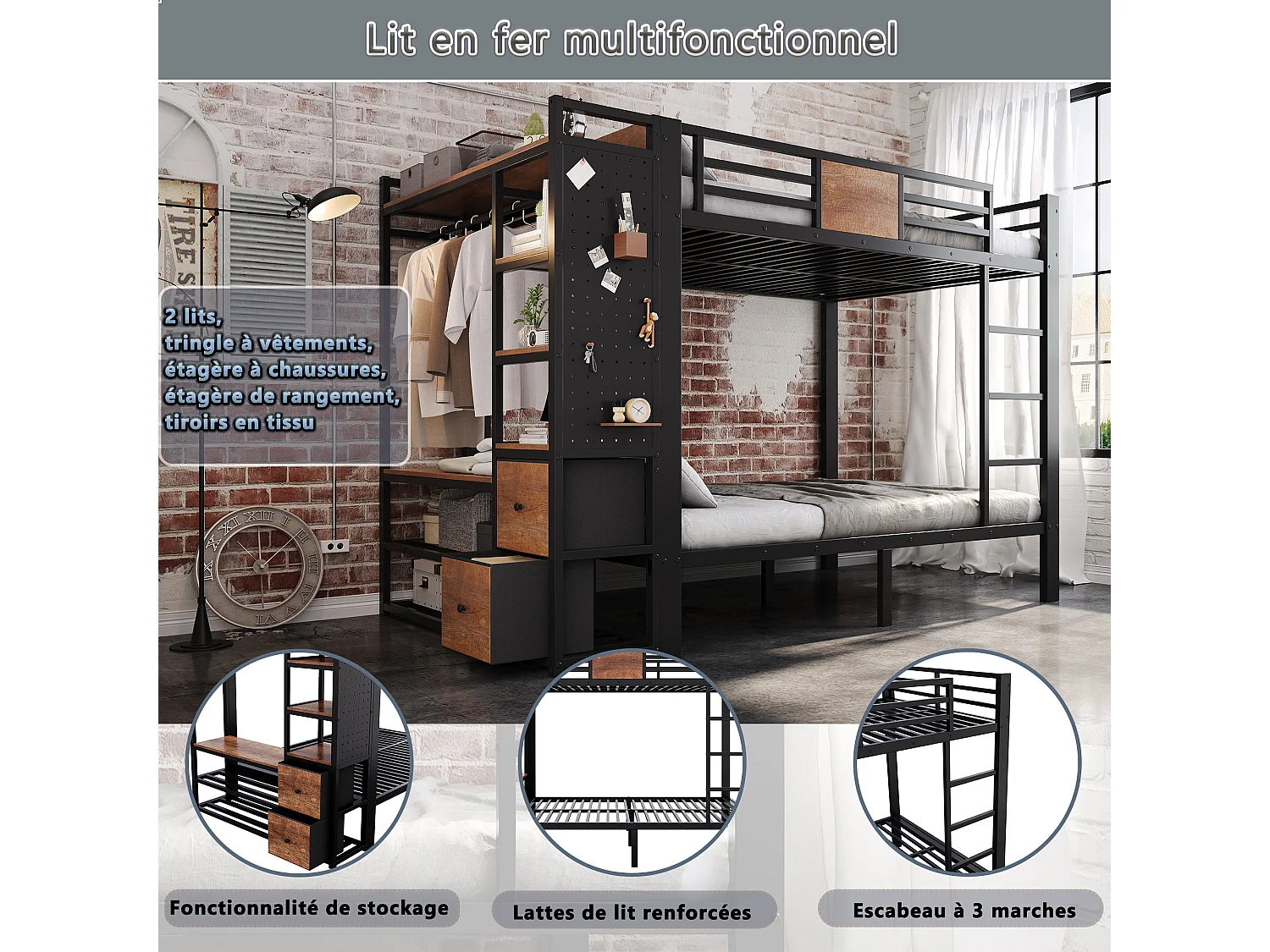 Bunk bed 2 x 120 x 200 cm with wardrobe, pegboard and fabric drawers - Black metal with wood effect (mattress not included)