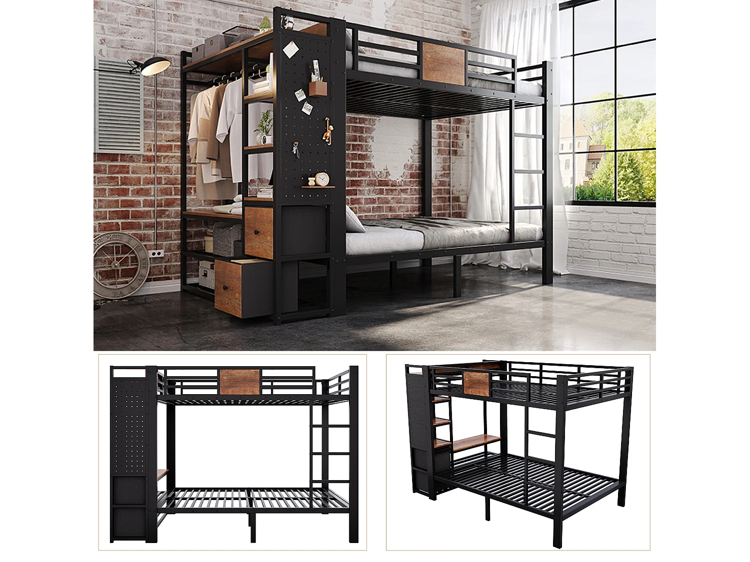 Bunk bed 2 x 120 x 200 cm with wardrobe, pegboard and fabric drawers - Black metal with wood effect (mattress not included)