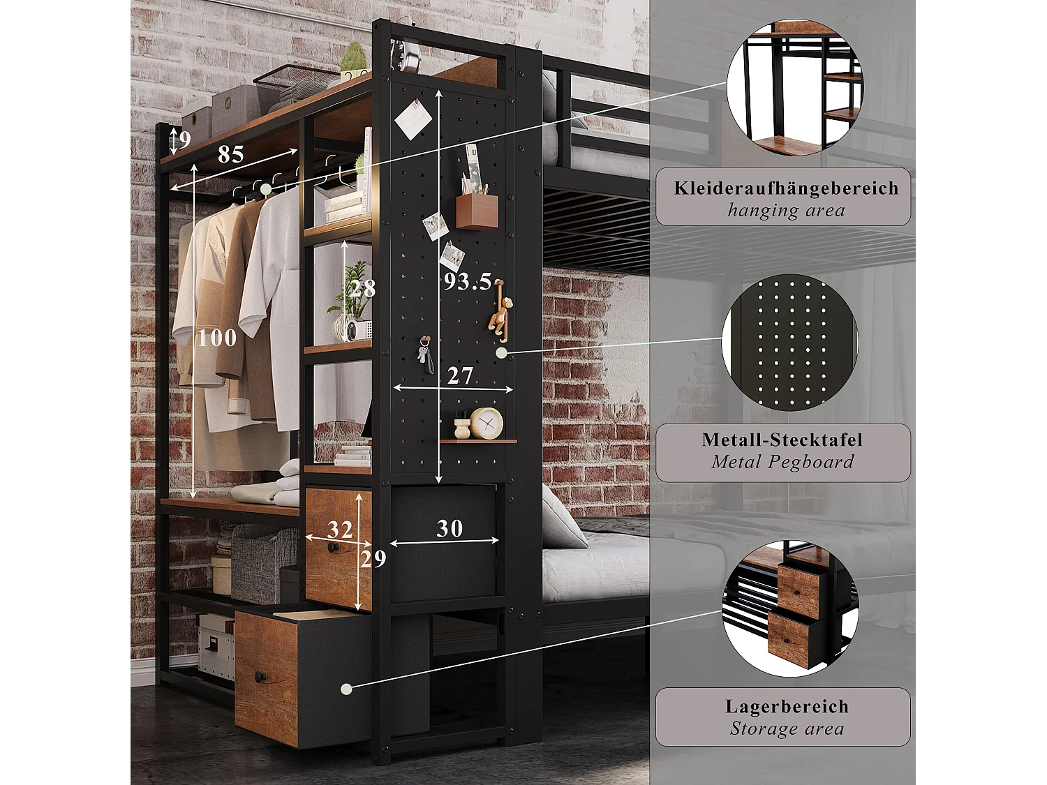 Bunk bed 2 x 120 x 200 cm with wardrobe, pegboard and fabric drawers - Black metal with wood effect (mattress not included)