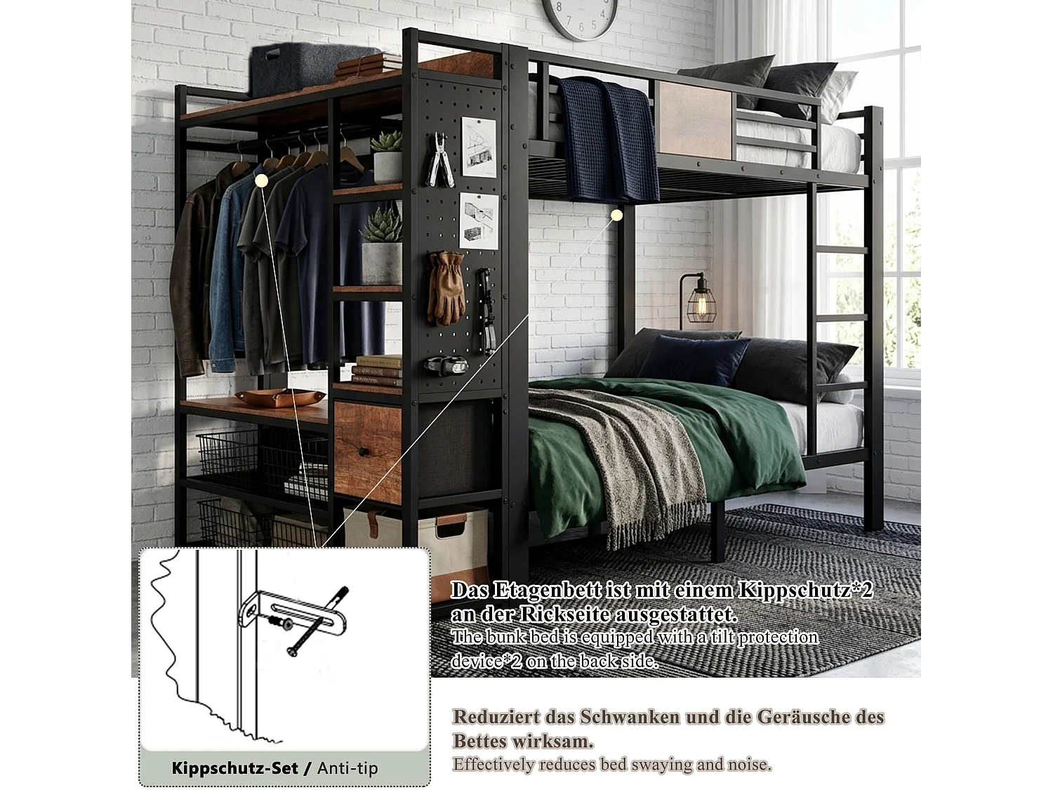 Bunk bed 2 x 120 x 200 cm with wardrobe, pegboard and fabric drawers - Black metal with wood effect (mattress not included)
