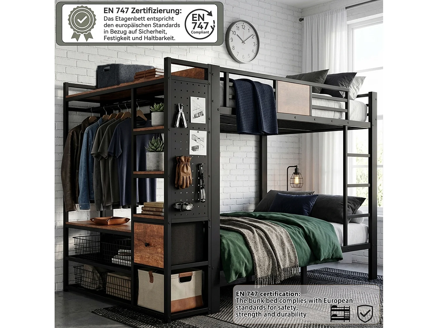 Bunk bed 2 x 120 x 200 cm with wardrobe, pegboard and fabric drawers - Black metal with wood effect (mattress not included)