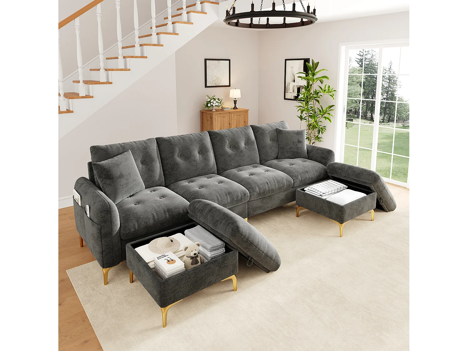 Canapé capitonné modulable en U ou L avec 2 poufs coffres et poche latérale - Chenille - 263 x 137 x 85 cm - Gris