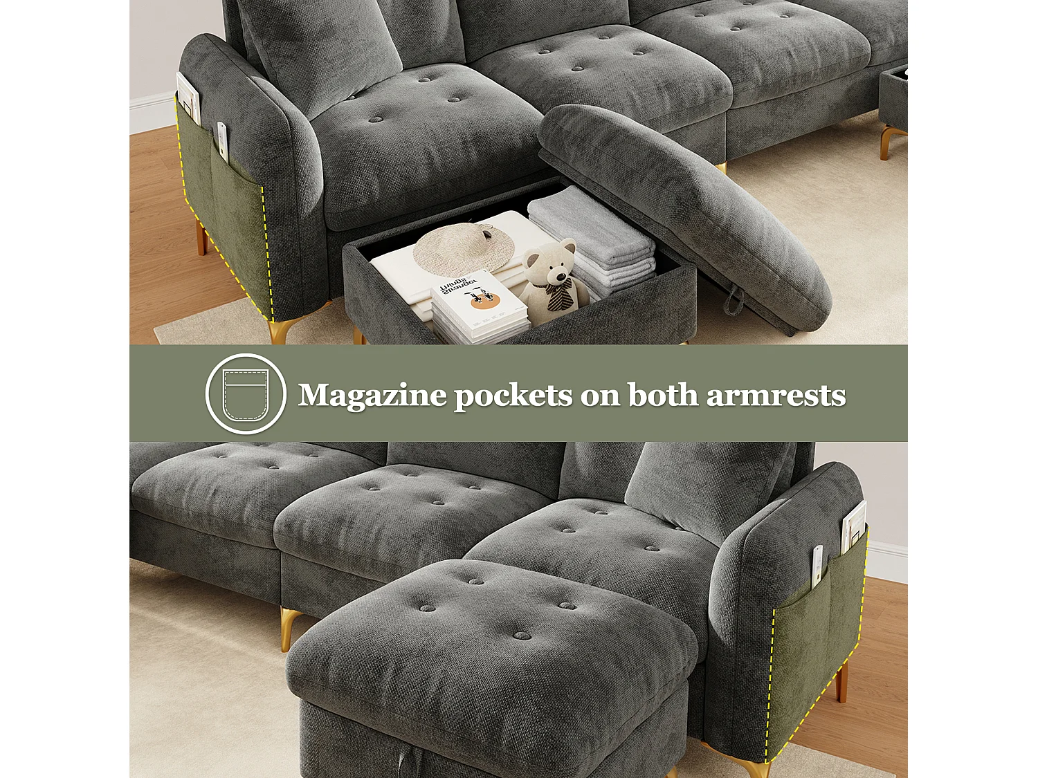 Canapé capitonné modulable en U ou L avec 2 poufs coffres et poche latérale - Chenille - 263 x 137 x 85 cm - Gris