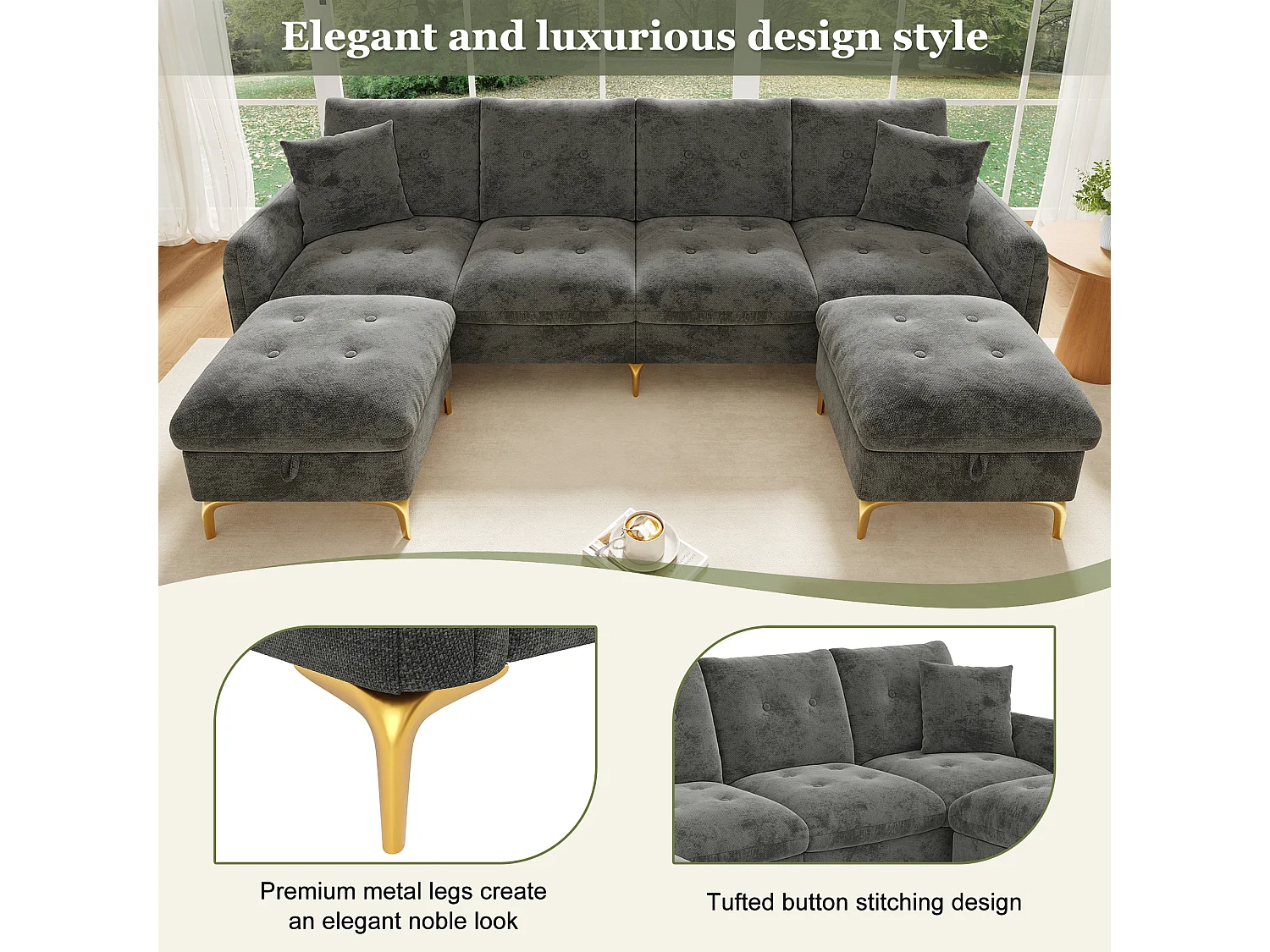 Canapé capitonné modulable en U ou L avec 2 poufs coffres et poche latérale - Chenille - 263 x 137 x 85 cm - Gris