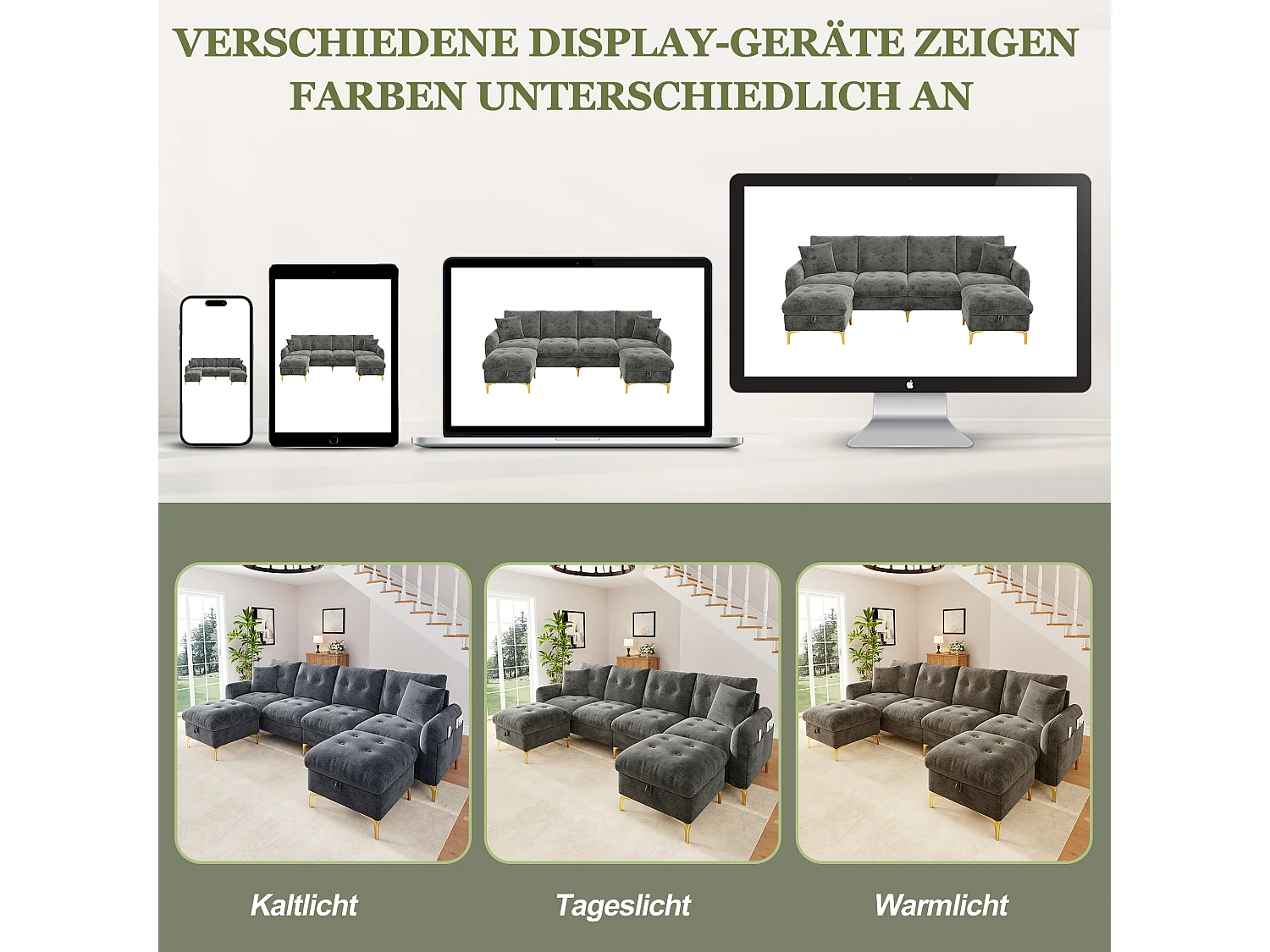 Canapé capitonné modulable en U ou L avec 2 poufs coffres et poche latérale - Chenille - 263 x 137 x 85 cm - Gris