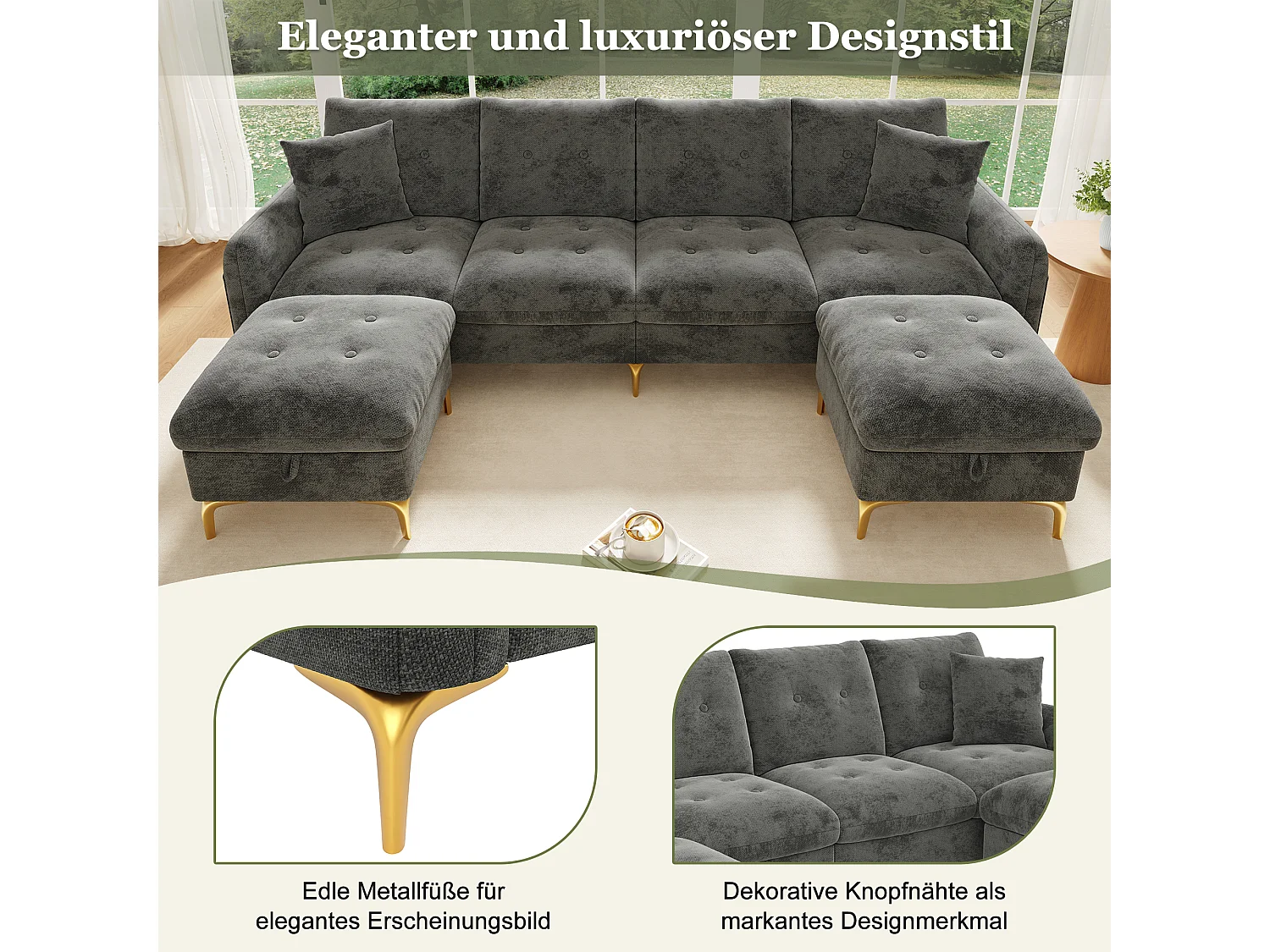 Canapé capitonné modulable en U ou L avec 2 poufs coffres et poche latérale - Chenille - 263 x 137 x 85 cm - Gris