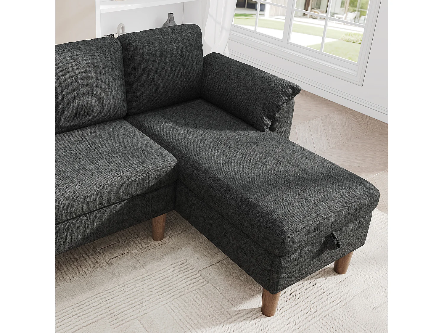 Canapé d'angle réversible 3 places avec coffre et USB/Type-C - Chenille - 181 x 125 x 88 cm - Gris foncé