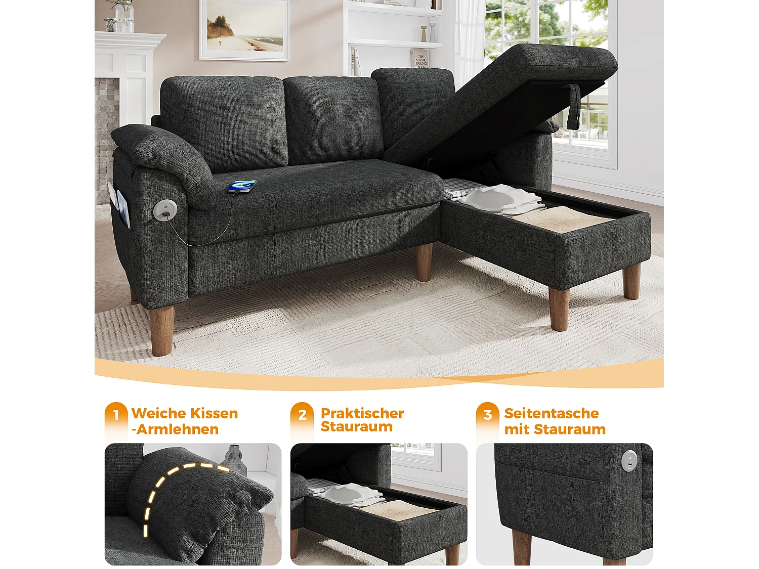 Canapé d'angle réversible 3 places avec coffre et USB/Type-C - Chenille - 181 x 125 x 88 cm - Gris foncé