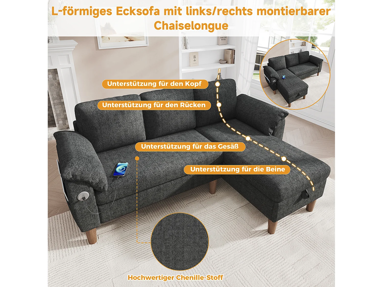 Canapé d'angle réversible 3 places avec coffre et USB/Type-C - Chenille - 181 x 125 x 88 cm - Gris foncé