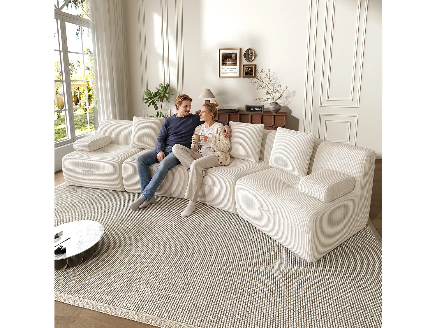 Modulaire 4-zitsbank met 4 onafhankelijke modules, geen montage nodig - Corduroy - 311 x 90 x 65 cm - Lichtbeige