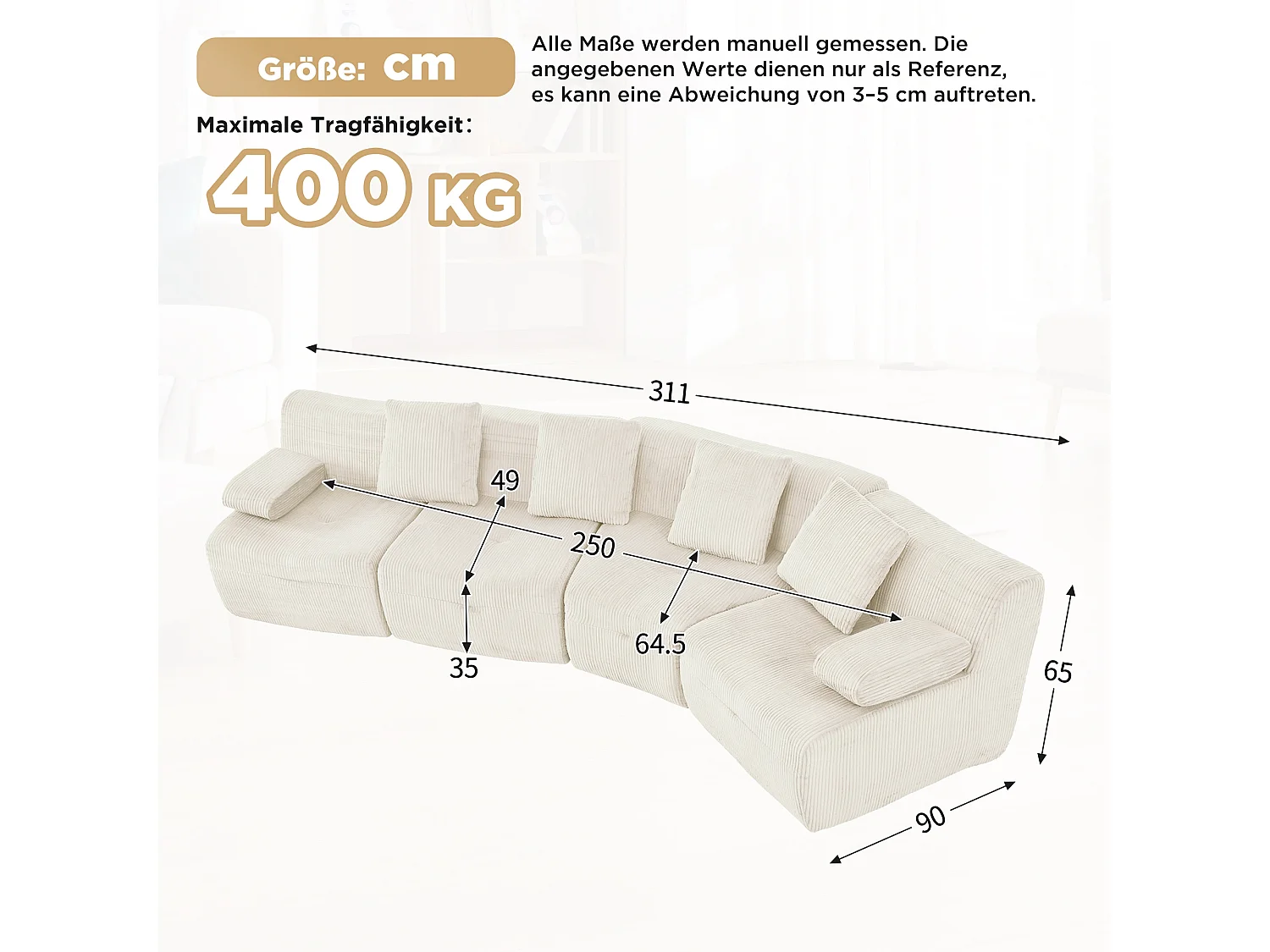 Modulaire 4-zitsbank met 4 onafhankelijke modules, geen montage nodig - Corduroy - 311 x 90 x 65 cm - Lichtbeige