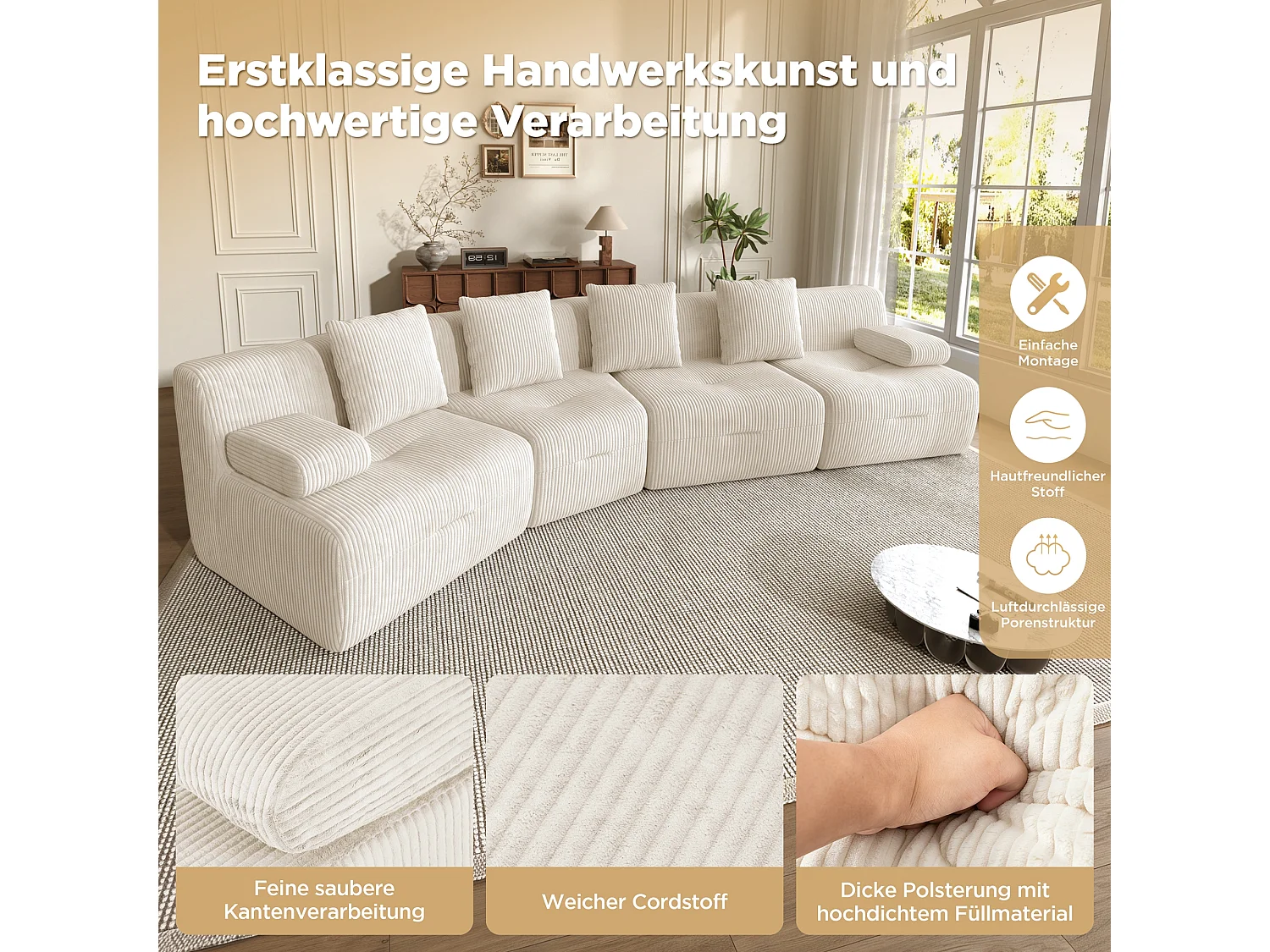 Modulaire 4-zitsbank met 4 onafhankelijke modules, geen montage nodig - Corduroy - 311 x 90 x 65 cm - Lichtbeige