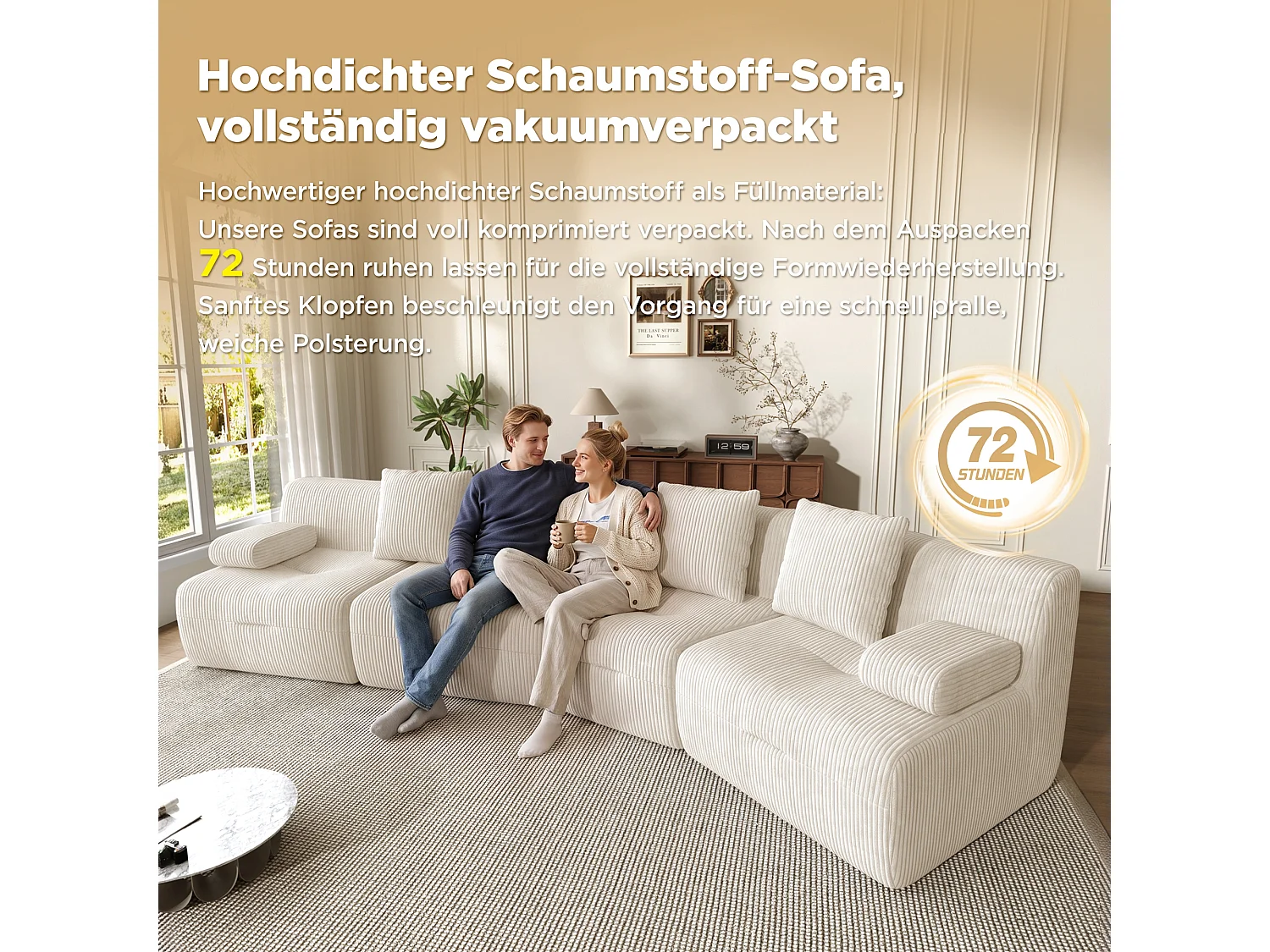 Modulaire 4-zitsbank met 4 onafhankelijke modules, geen montage nodig - Corduroy - 311 x 90 x 65 cm - Lichtbeige