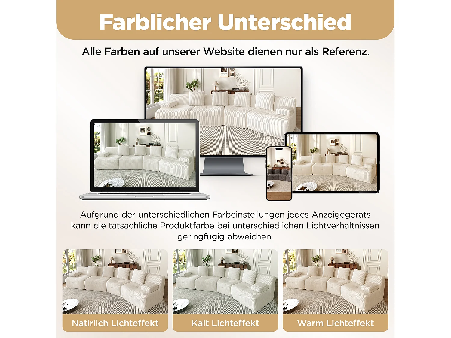 Modulaire 4-zitsbank met 4 onafhankelijke modules, geen montage nodig - Corduroy - 311 x 90 x 65 cm - Lichtbeige