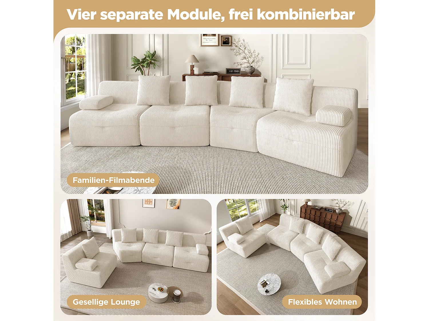 Modulaire 4-zitsbank met 4 onafhankelijke modules, geen montage nodig - Corduroy - 311 x 90 x 65 cm - Lichtbeige