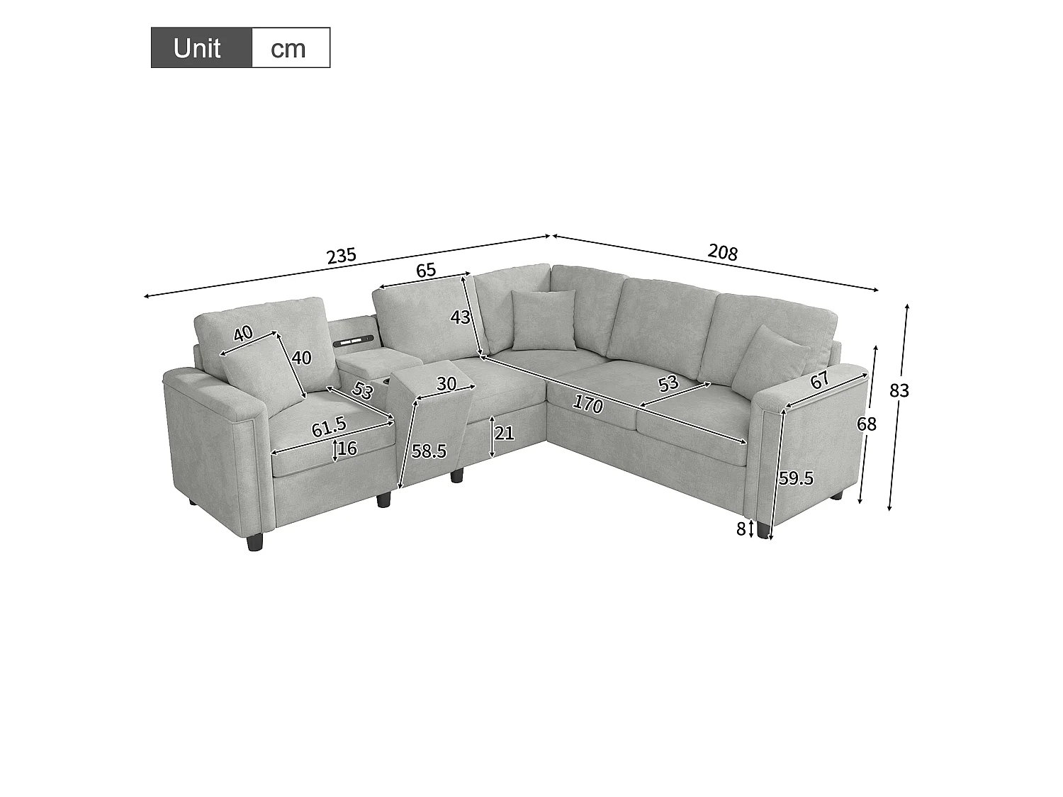 Canapé d'angle 5-6 places avec console, 2 porte-gobelets, USB/Type-C et liseuse - Chenille - 235 x 208 x 83 cm - Gris