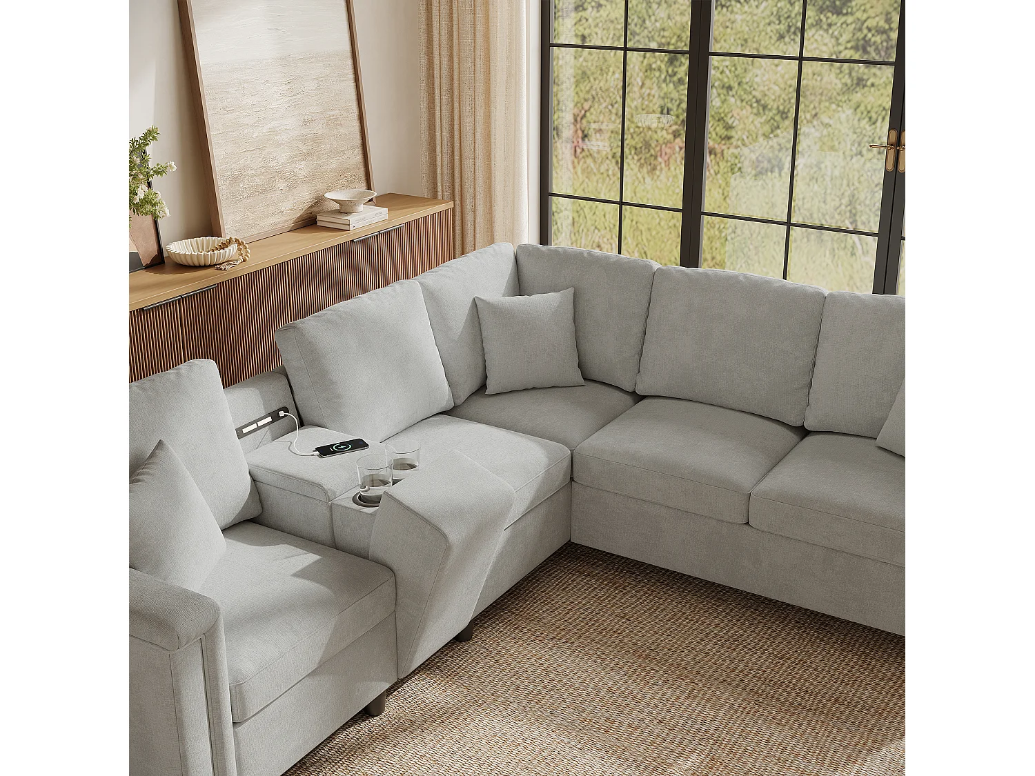 Canapé d'angle 5-6 places avec console, 2 porte-gobelets, USB/Type-C et liseuse - Chenille - 235 x 208 x 83 cm - Gris