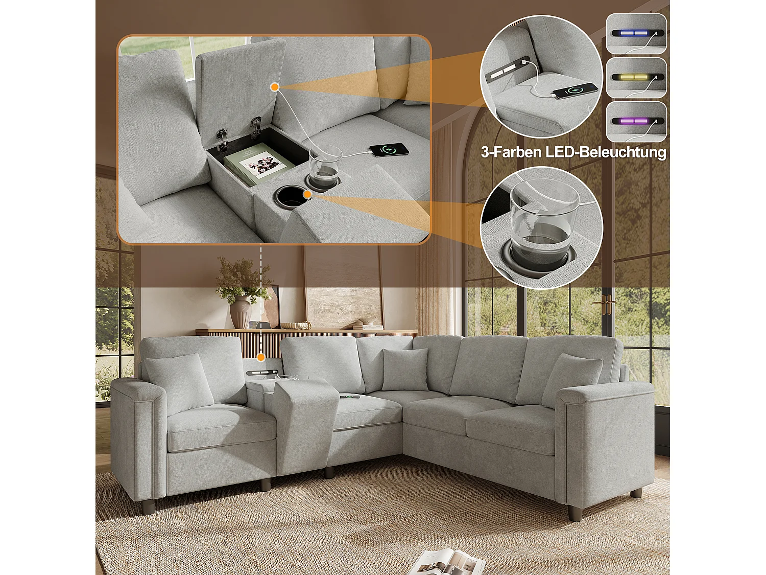 Canapé d'angle 5-6 places avec console, 2 porte-gobelets, USB/Type-C et liseuse - Chenille - 235 x 208 x 83 cm - Gris