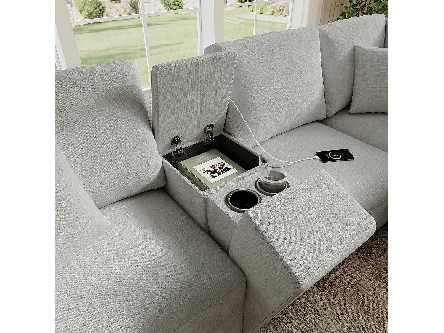 Canapé d'angle 5-6 places avec console, 2 porte-gobelets, USB/Type-C et liseuse - Chenille - 235 x 208 x 83 cm - Gris
