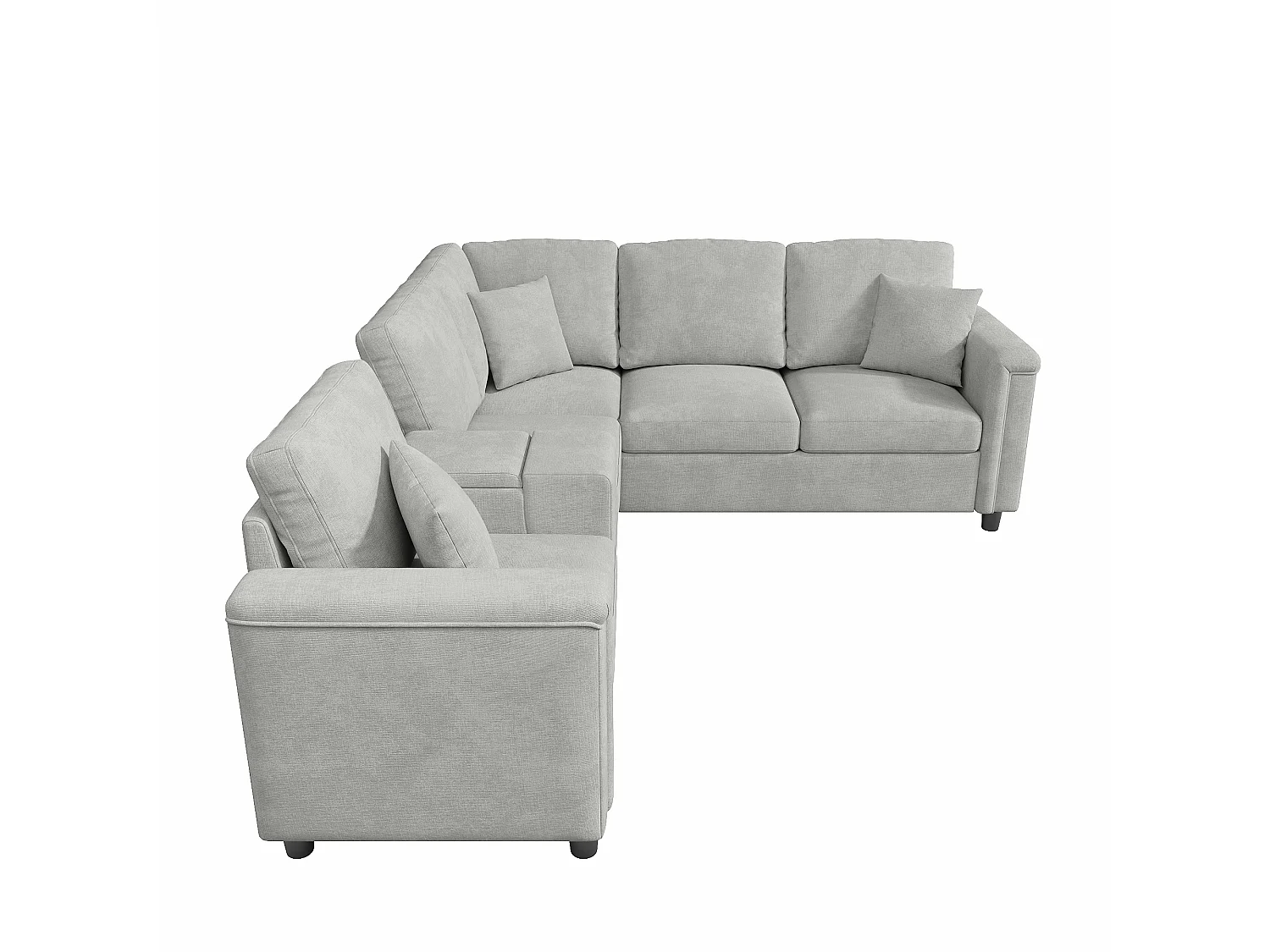 Canapé d'angle 5-6 places avec console, 2 porte-gobelets, USB/Type-C et liseuse - Chenille - 235 x 208 x 83 cm - Gris