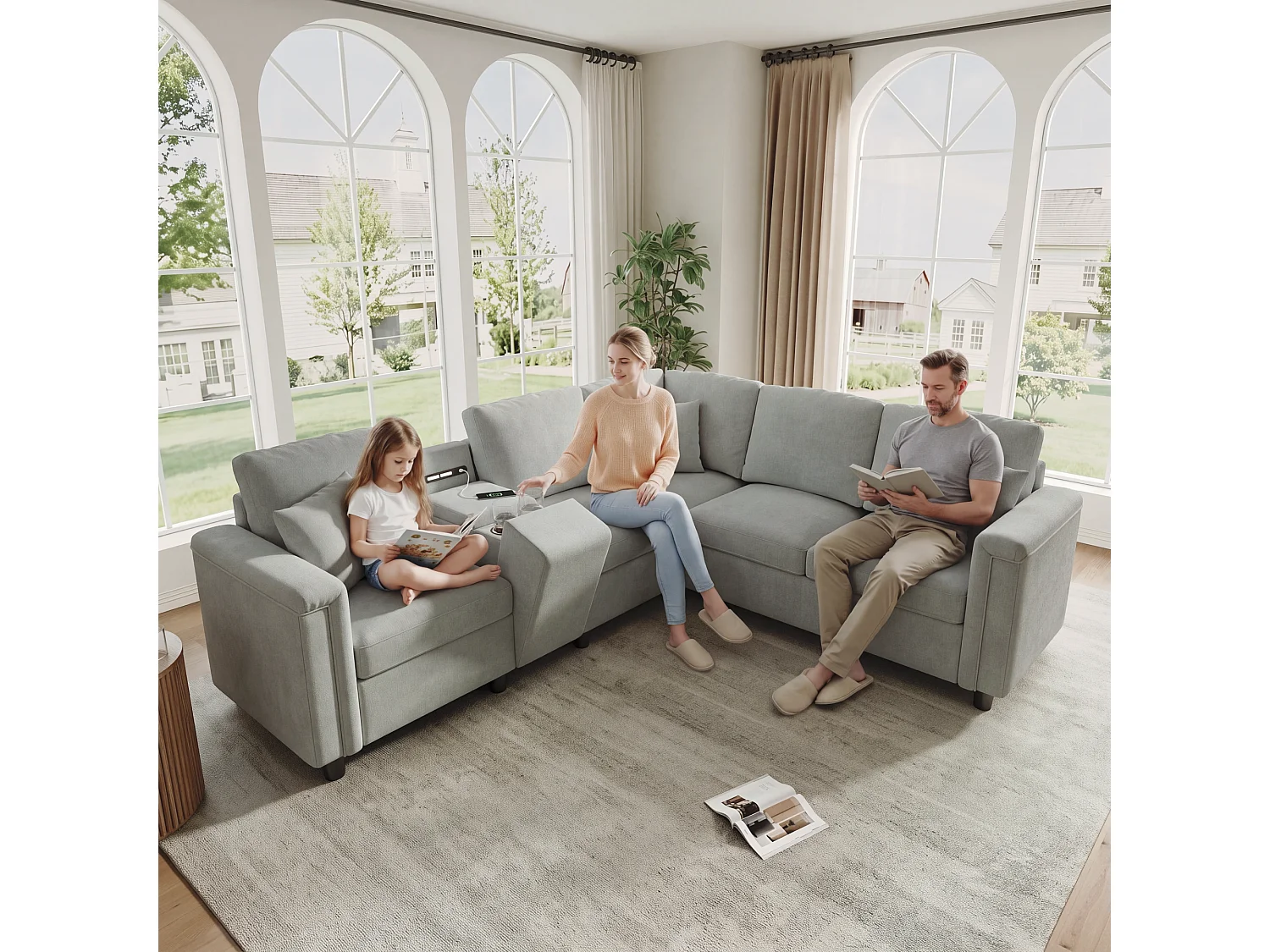Canapé d'angle 5-6 places avec console, 2 porte-gobelets, USB/Type-C et liseuse - Chenille - 235 x 208 x 83 cm - Gris