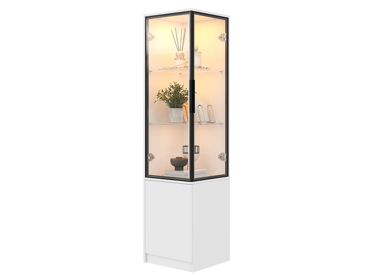 Vitrine d’angle avec LED, 3 portes vitrées et étagères en verre - Panneaux de particules - 40 x 40 x 160 cm - Blanc