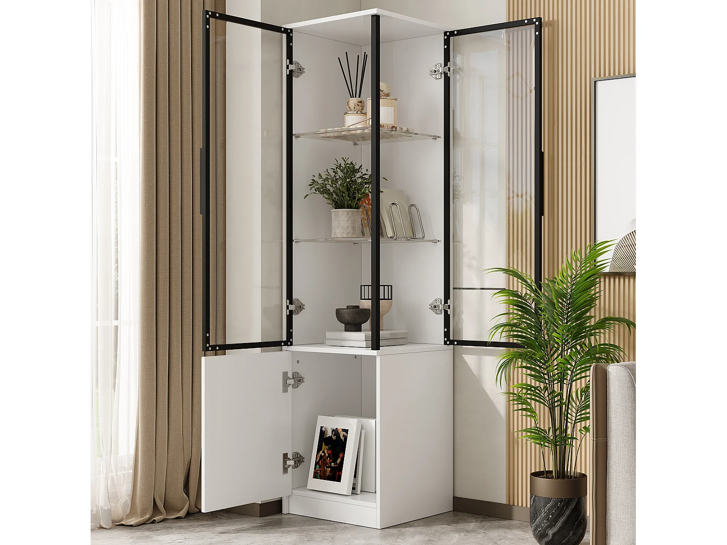 Vitrine d’angle avec LED, 3 portes vitrées et étagères en verre - Panneaux de particules - 40 x 40 x 160 cm - Blanc