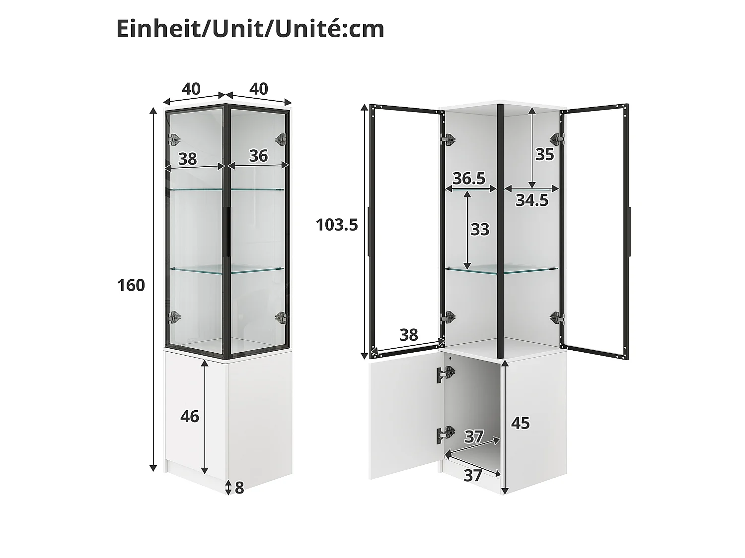 Vitrine d’angle avec LED, 3 portes vitrées et étagères en verre - Panneaux de particules - 40 x 40 x 160 cm - Blanc