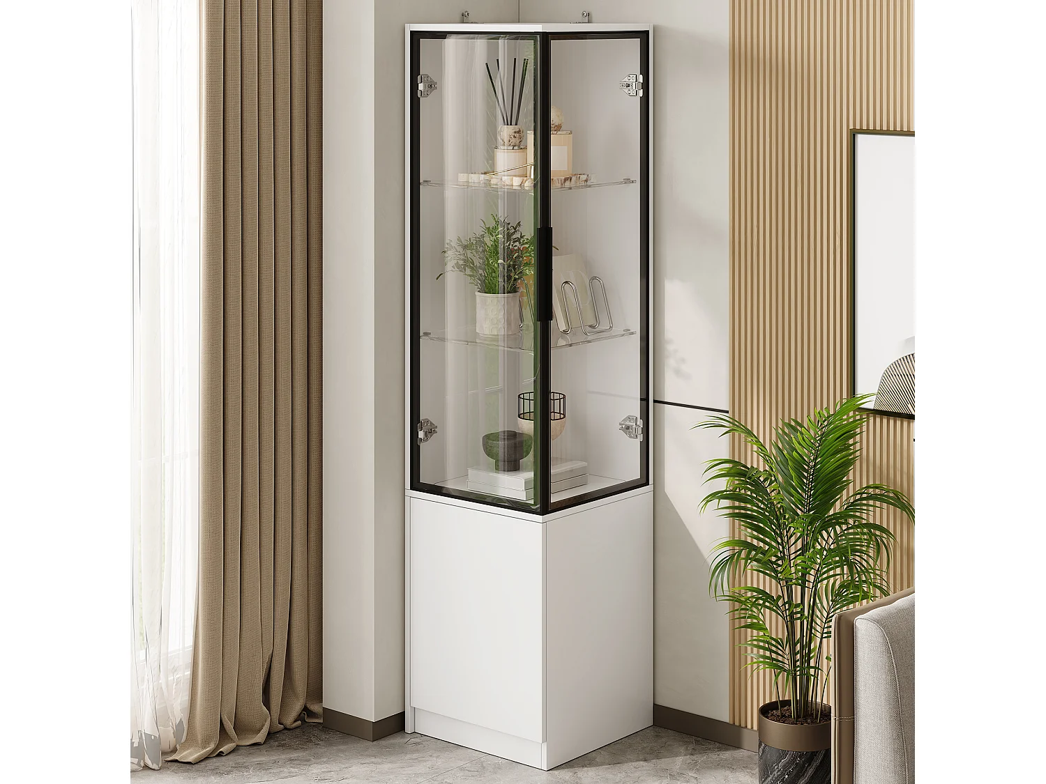 Vitrine d’angle avec LED, 3 portes vitrées et étagères en verre - Panneaux de particules - 40 x 40 x 160 cm - Blanc