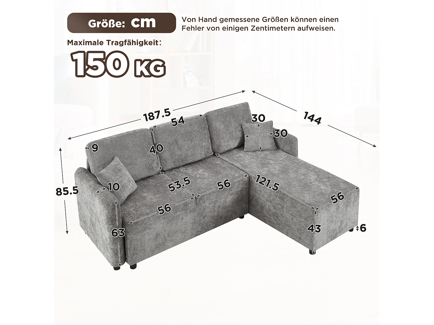 Canapé d'angle 3 places avec méridienne et 2 coussins - Chenille - 187,5 x 144 x 85,5 cm - Gris