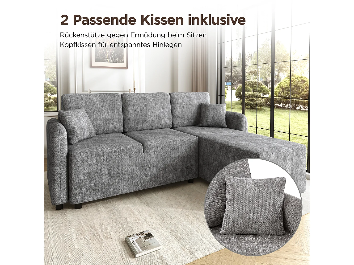 Canapé d'angle 3 places avec méridienne et 2 coussins - Chenille - 187,5 x 144 x 85,5 cm - Gris