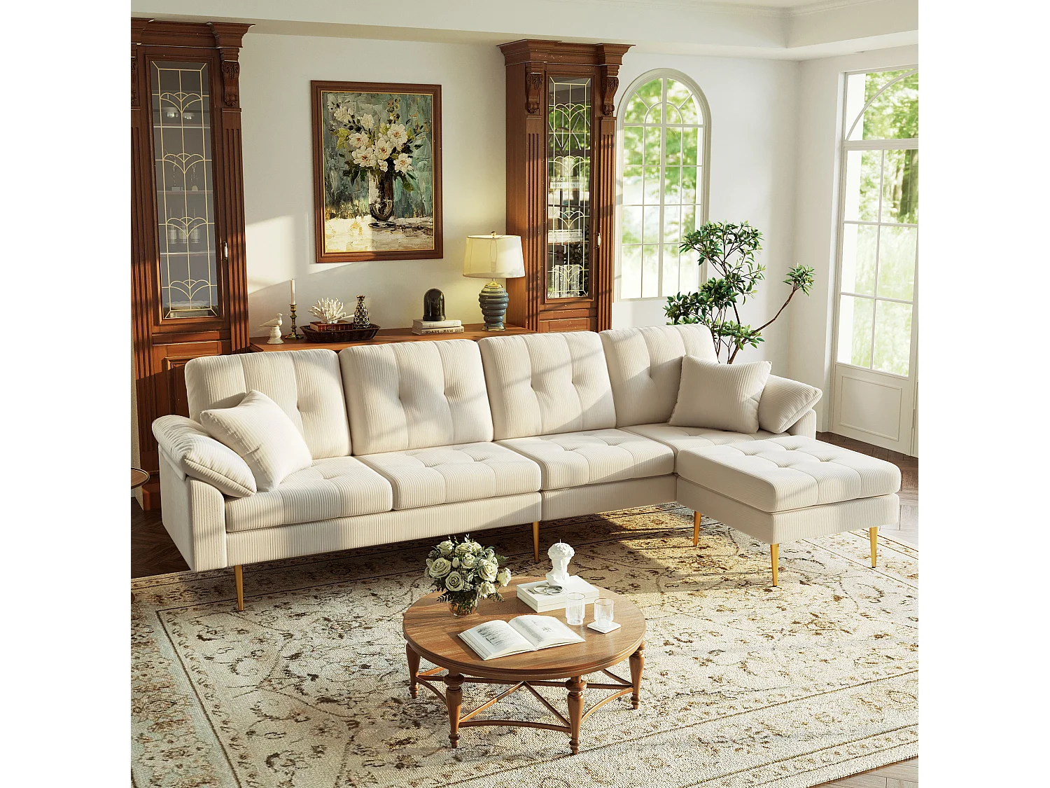 4-zitsbank met modulaire poef en metalen poten - Corduroy - 250 x 70 x 87 cm - Lichtbeige