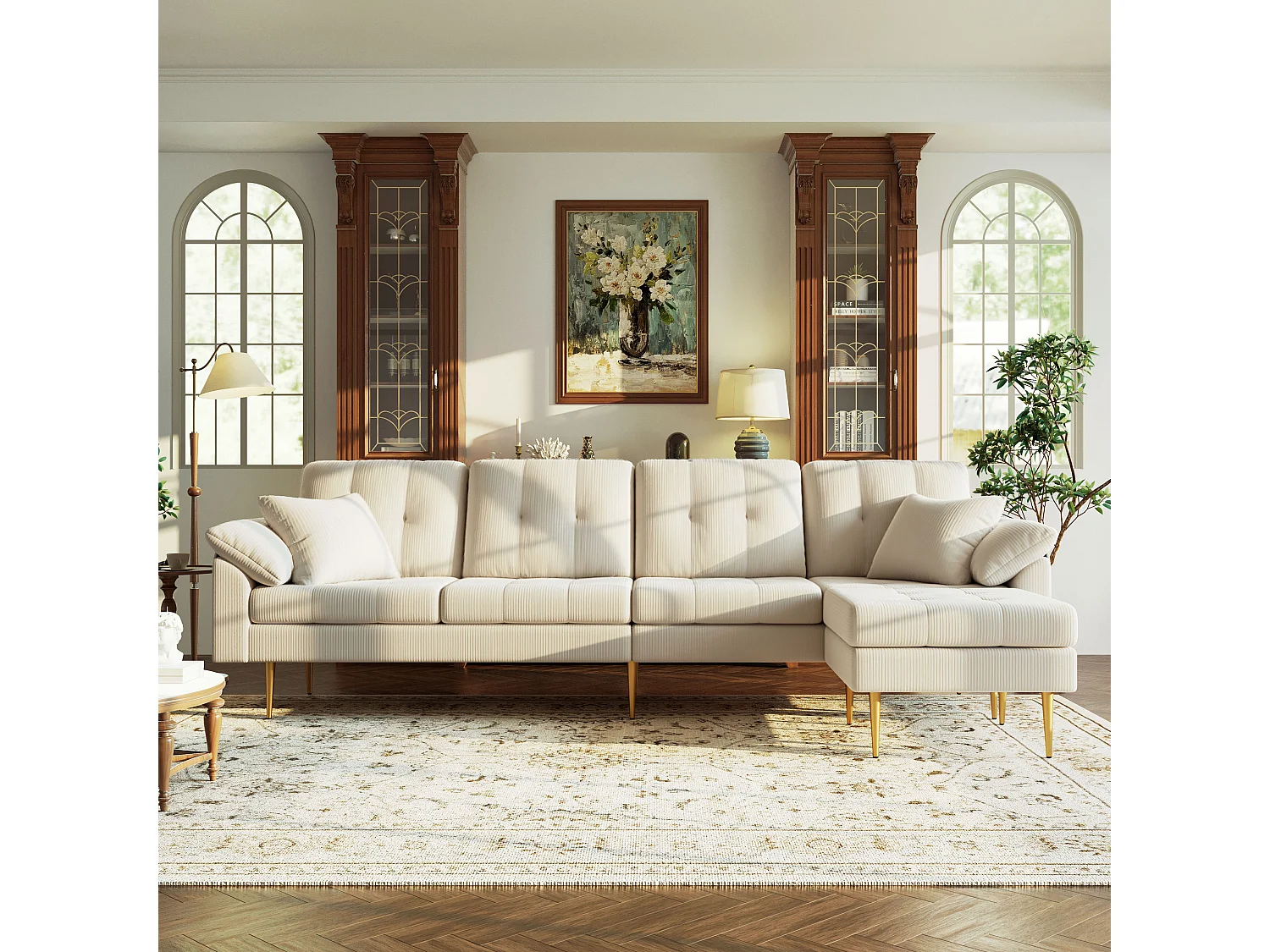 4-zitsbank met modulaire poef en metalen poten - Corduroy - 250 x 70 x 87 cm - Lichtbeige