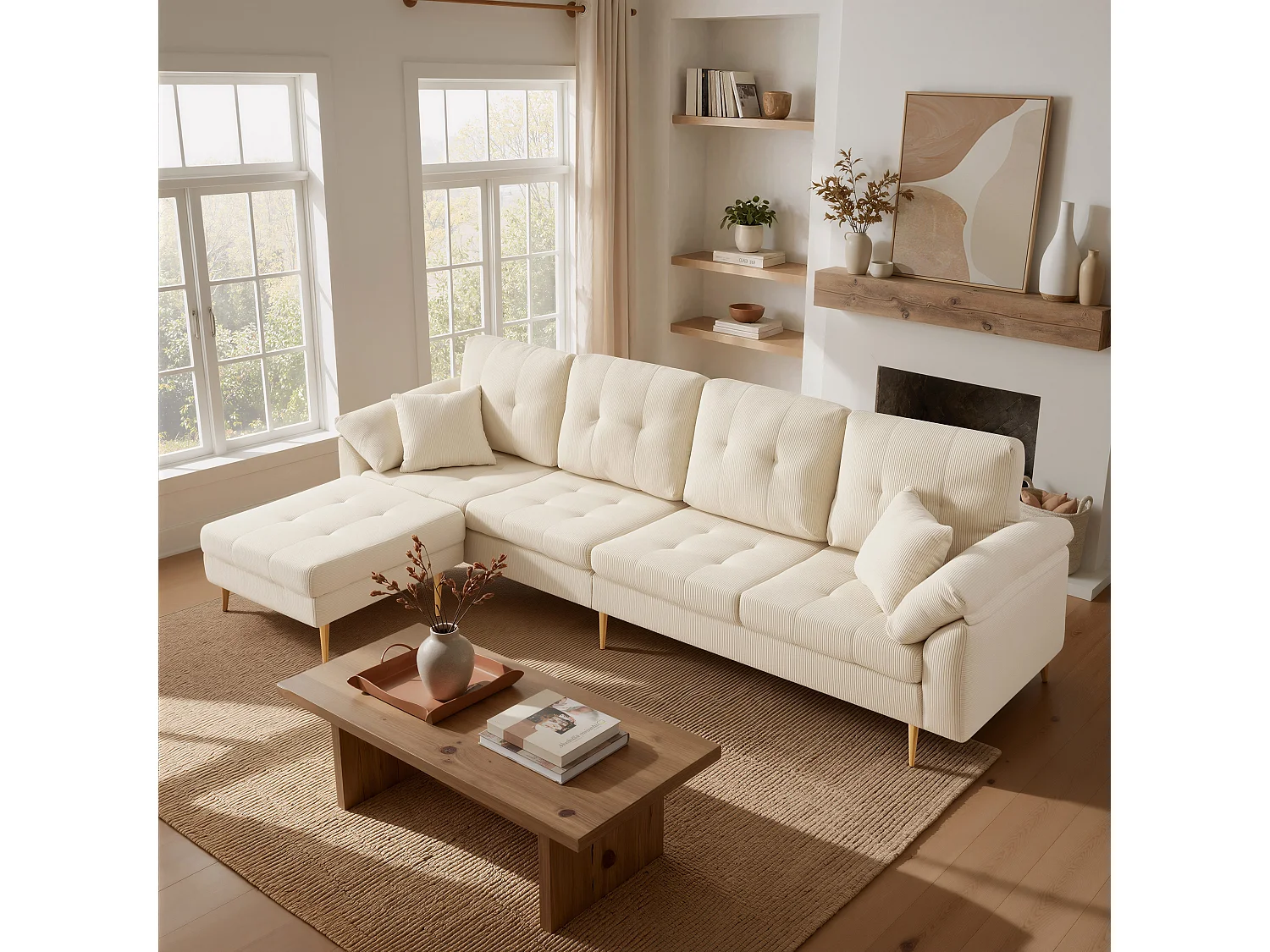 4-zitsbank met modulaire poef en metalen poten - Corduroy - 250 x 70 x 87 cm - Lichtbeige