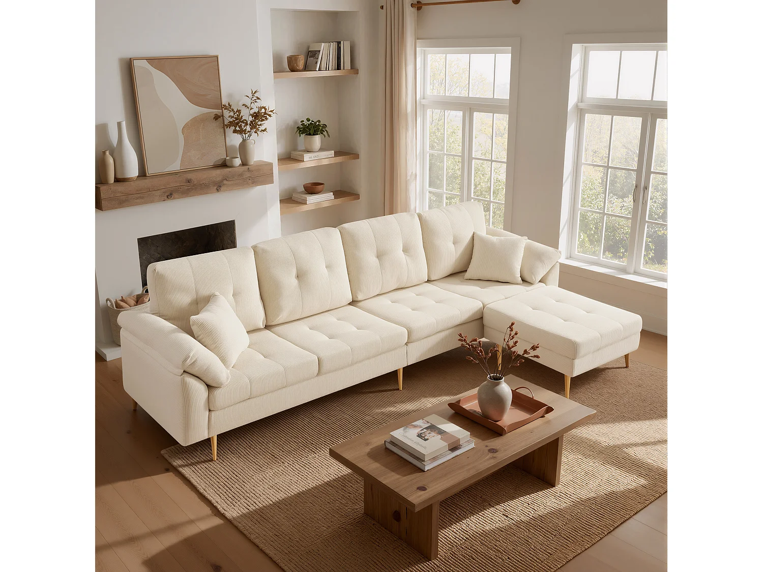 4-zitsbank met modulaire poef en metalen poten - Corduroy - 250 x 70 x 87 cm - Lichtbeige