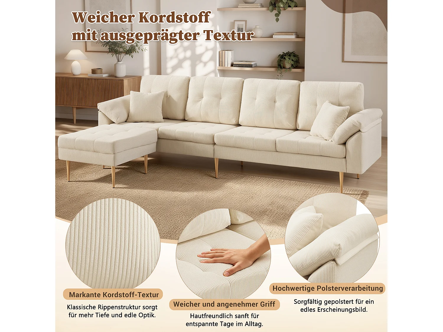 4-zitsbank met modulaire poef en metalen poten - Corduroy - 250 x 70 x 87 cm - Lichtbeige