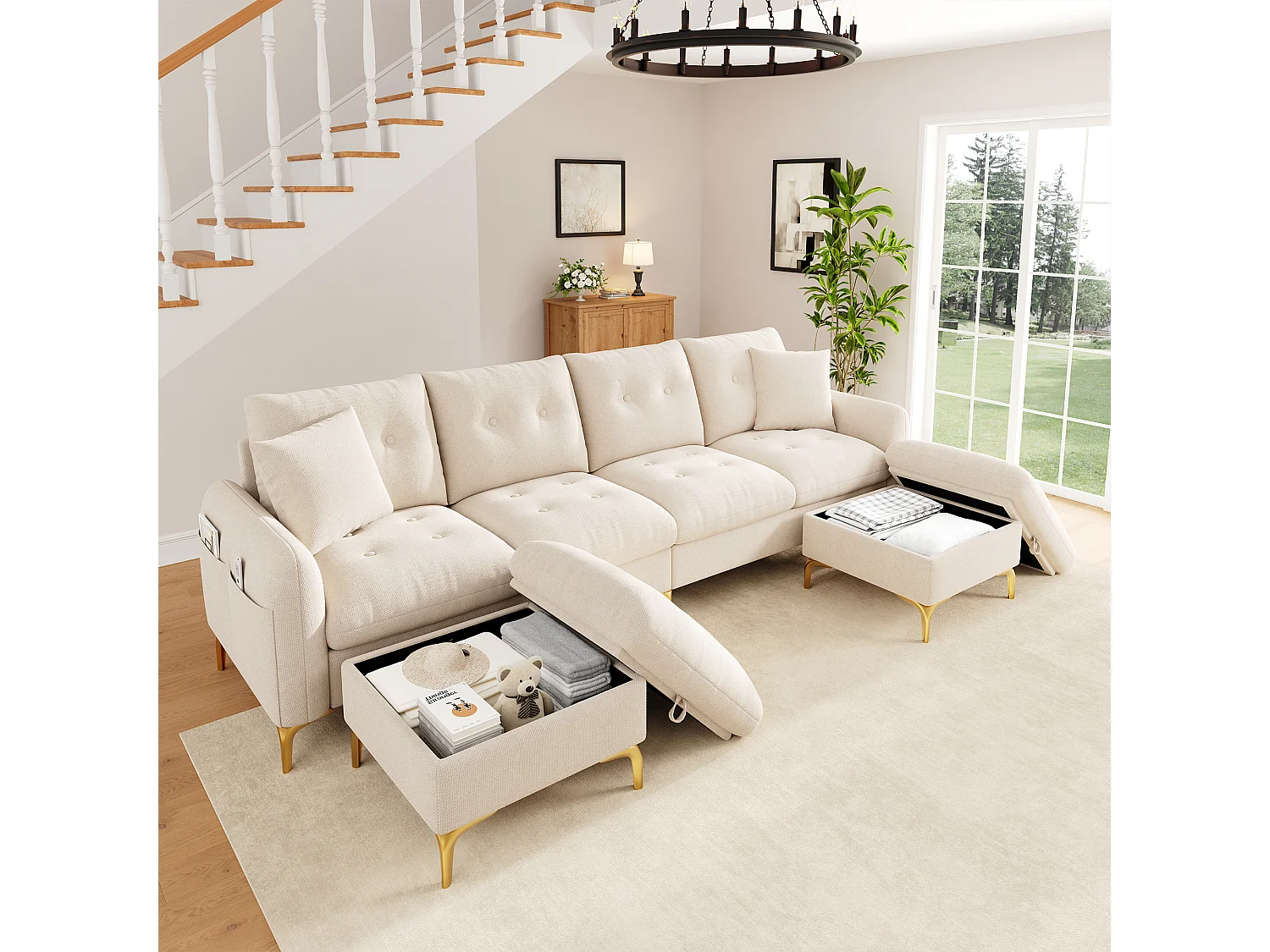 Sofá modular capitonê em formato de U ou L com 2 pufes de arrumação e um bolso lateral - Chenille - 263 x 137 x 85 cm - Bege