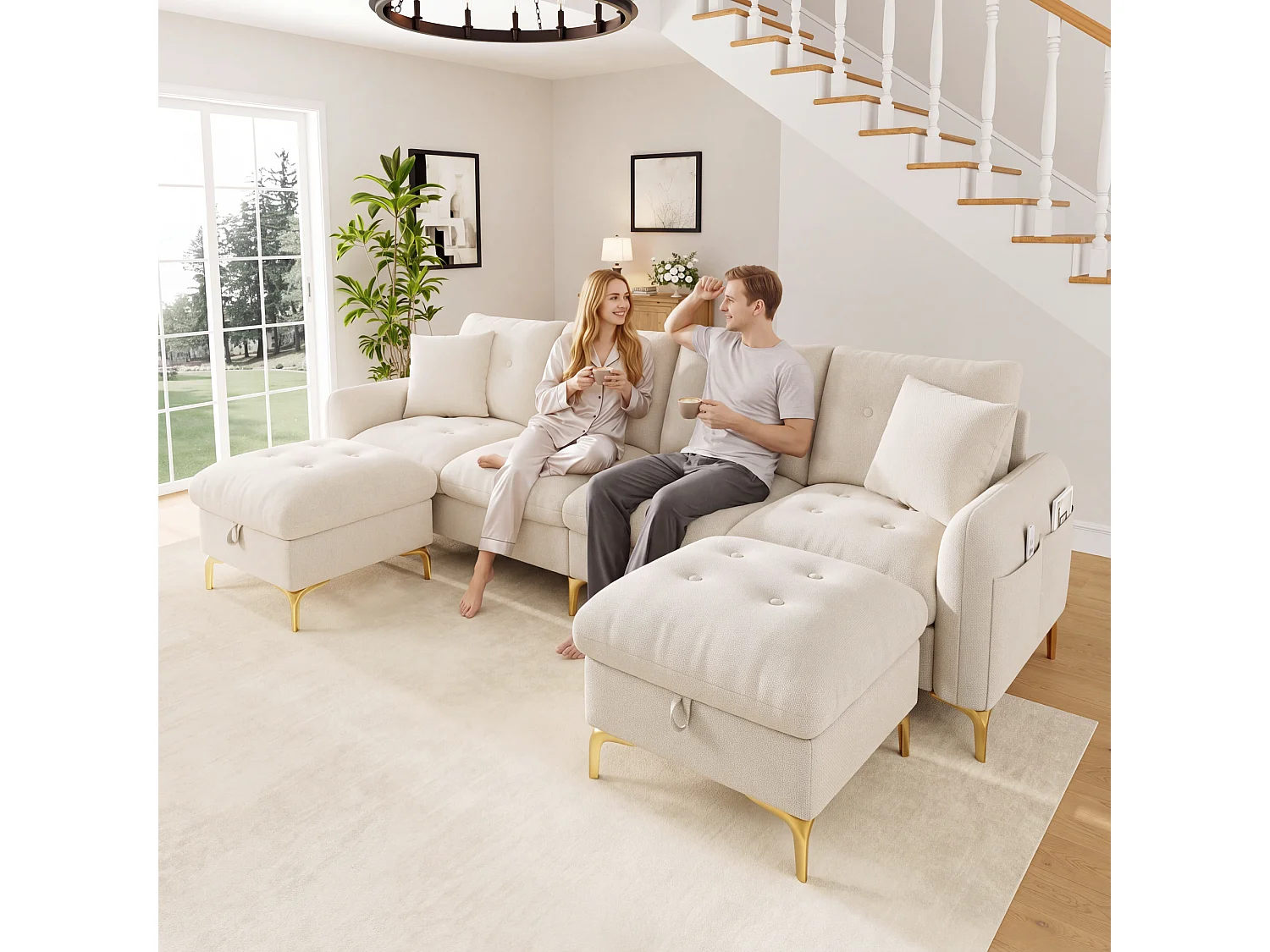 Sofá modular capitonê em formato de U ou L com 2 pufes de arrumação e um bolso lateral - Chenille - 263 x 137 x 85 cm - Bege