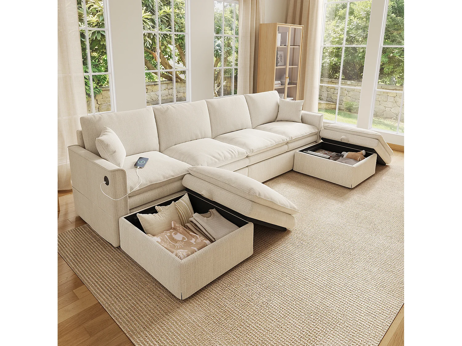 Canapé modulable 6 places en U ou L avec 2 poufs coffres et USB/Type-C - Mélange coton-lin - 277 x 135 x 80 cm - Beige