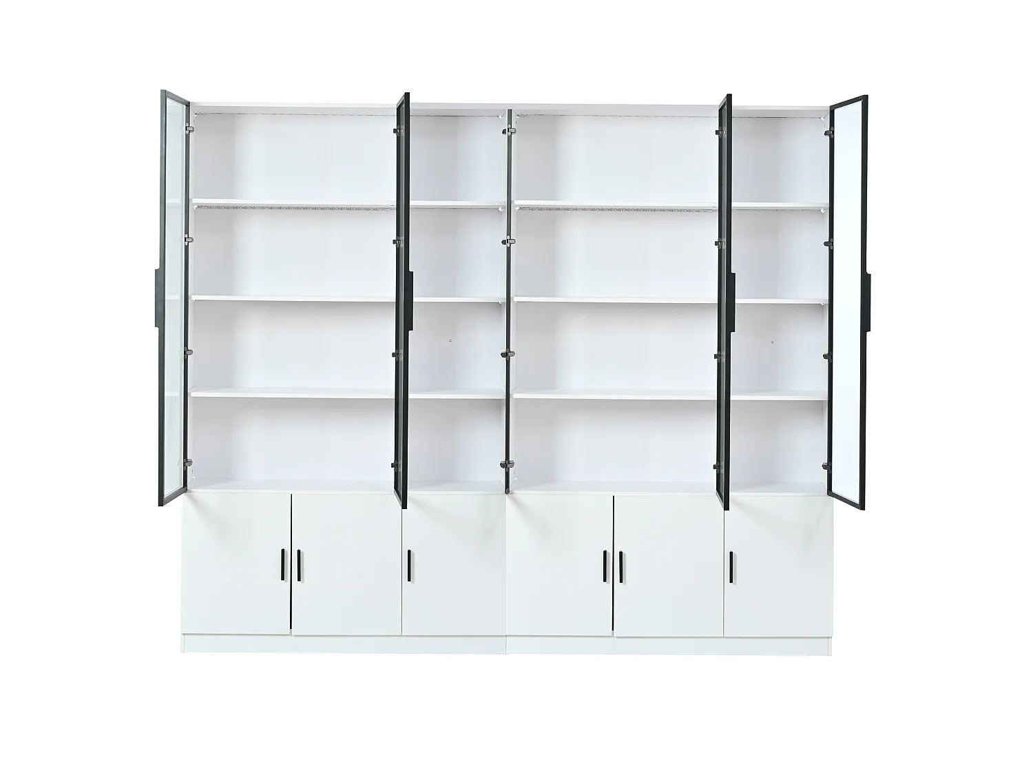 Vitrine avec 12 portes vitrées et éclairage LED - MDF et verre - 240 x 32 x 200 cm - Blanc